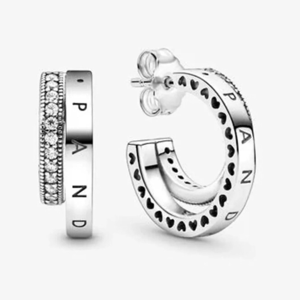 New Pandora Silver double Pave hoop earrings